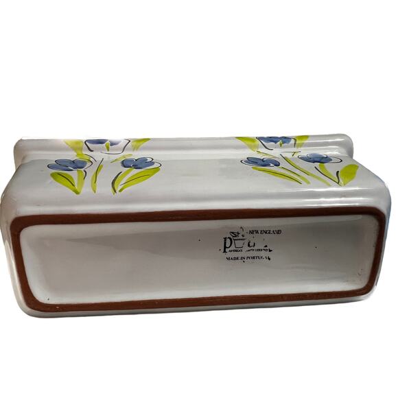 New England Pottery Rectangle White Planter with Blue Flowers 10" x 4.5" - Picture 3 of 5